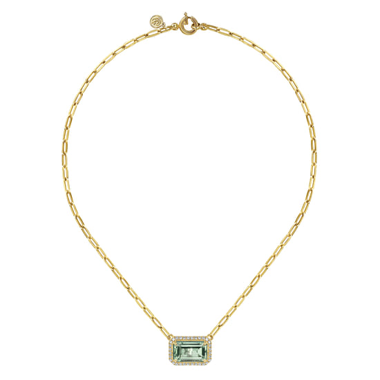 14K Yellow Gold Diamond and Green Amethyst Emerald Cut Necklace With Flower Pattern Gallery angle 2 14K Yellow Gold Diamond and Green Amethyst Emerald Cut Necklace With Flower Pattern Gallery angle 2