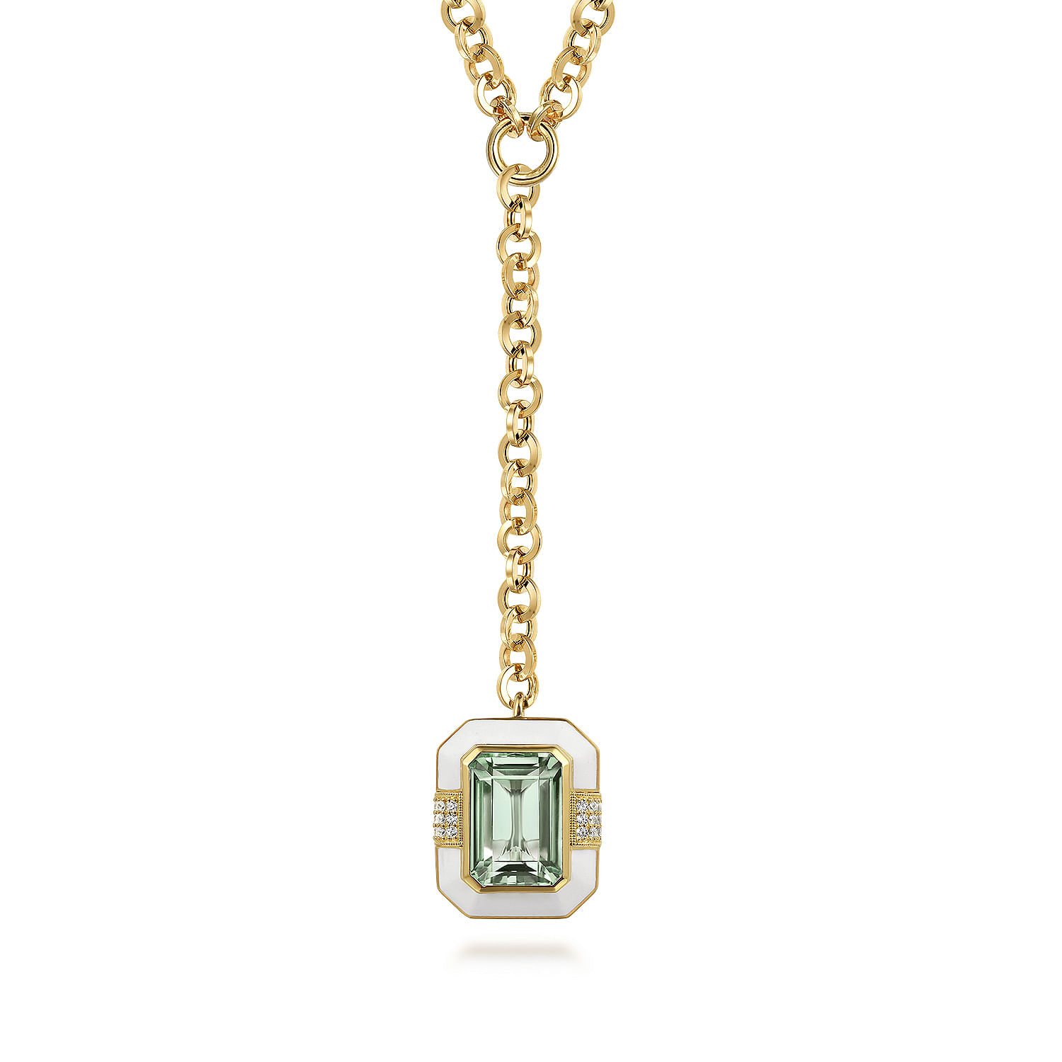 14K Yellow Gold Diamond and Green Amethyst Emerald Cut Y-Layer Necklace With Flower Pattern J-Back and White Enamel