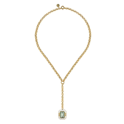 14K Yellow Gold Diamond and Green Amethyst Emerald Cut Y-Layer Necklace With Flower Pattern J-Back and White Enamel