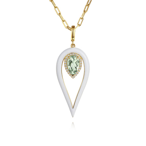 14K Yellow Gold Diamond and Green Amethyst Long Pear Shape Drop Necklace With White Enamel