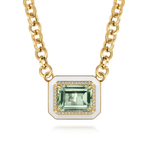 14K Yellow Gold Diamond and Green Amethyst Necklace With Flower Pattern J-Back and White Enamel
