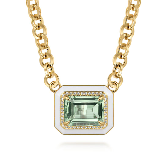 Gabriel - 14K Yellow Gold Diamond and Green Amethyst Necklace With Flower Pattern J-Back and White Enamel