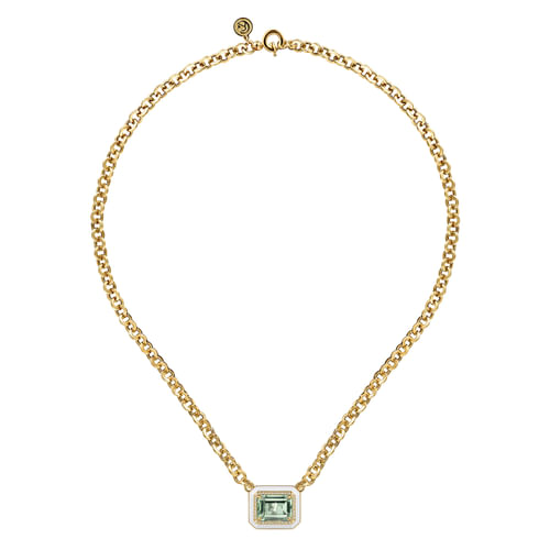 14K Yellow Gold Diamond and Green Amethyst Necklace With Flower Pattern J-Back and White Enamel