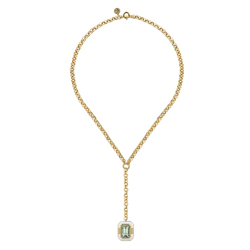14K Yellow Gold Diamond and Green Amethyst Y-Layer Necklace With Flower Pattern J-Back and White Enamel