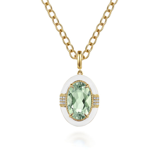 Gabriel - 14K Yellow Gold Diamond and Green Amethyst Y-Layer Necklace With Flower Pattern J-Back and White Enamel