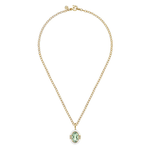 14K Yellow Gold Diamond and Green Amethyst Y-Layer Necklace With Flower Pattern J-Back and White Enamel