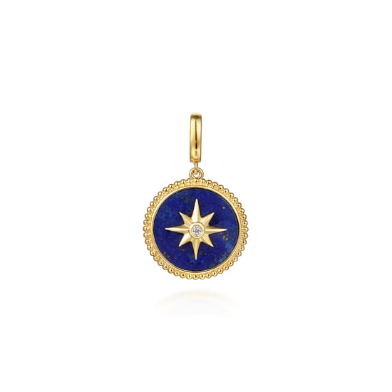 14K Yellow Gold Diamond and Lapis Bujukan Medallion Pendant in Size 18mm With Detachable Bail 