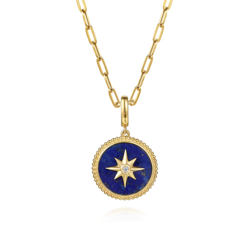 14K Yellow Gold Diamond and Lapis Bujukan Medallion Pendant in Size 18mm With Detachable Bail 