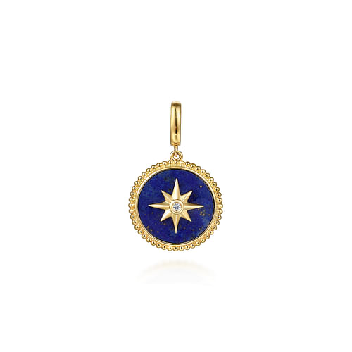 14K Yellow Gold Diamond and Lapis Bujukan Medallion Pendant in Size 18mm