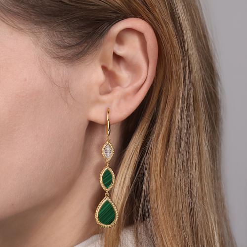 14K Yellow Gold Diamond and Malachite Rope Drop Earrings