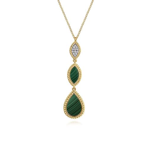 14K Yellow Gold Diamond and Malachite Rope Drop Pendant Necklace