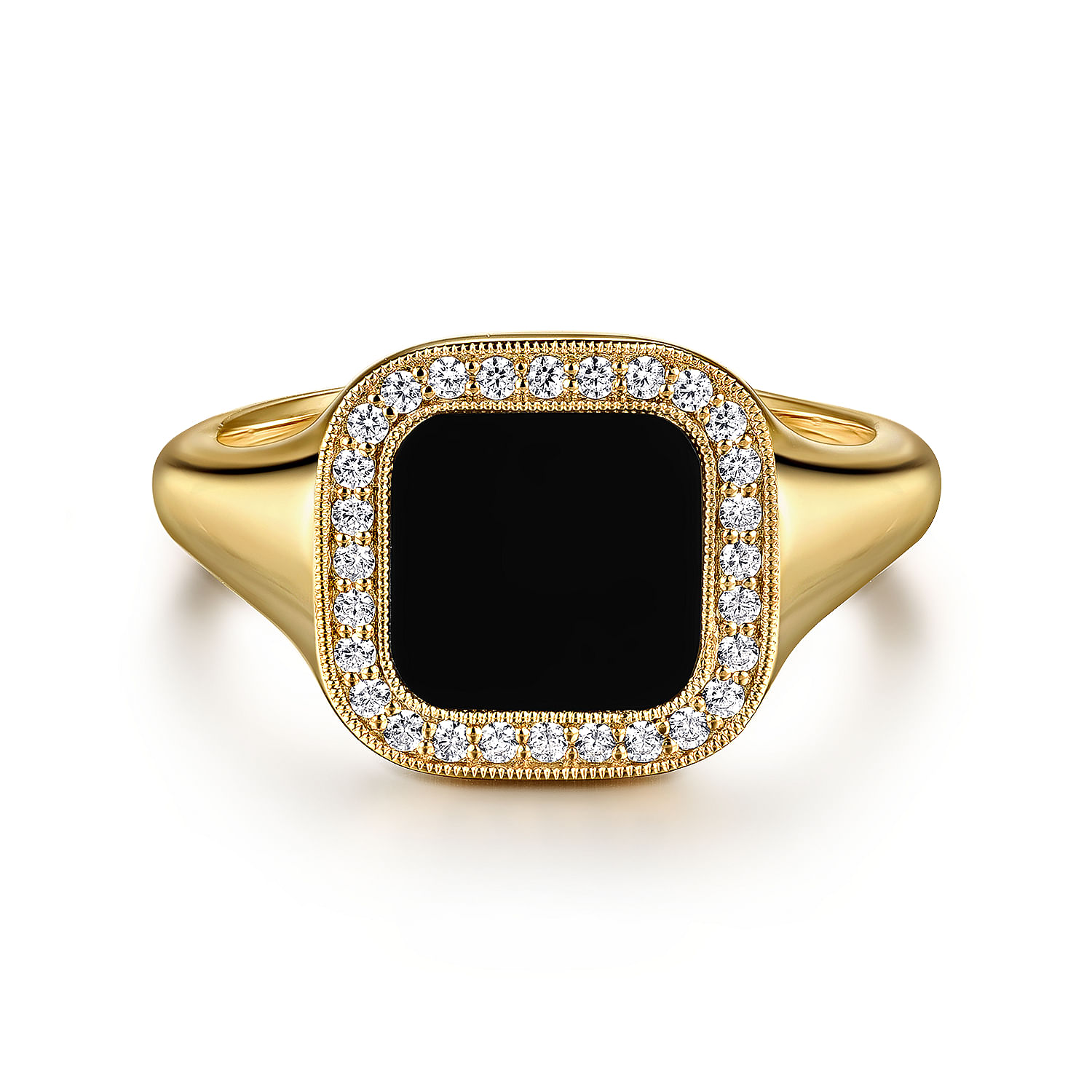 14K Yellow Gold Diamond and Onyx Mens Ring in High Polished Finish