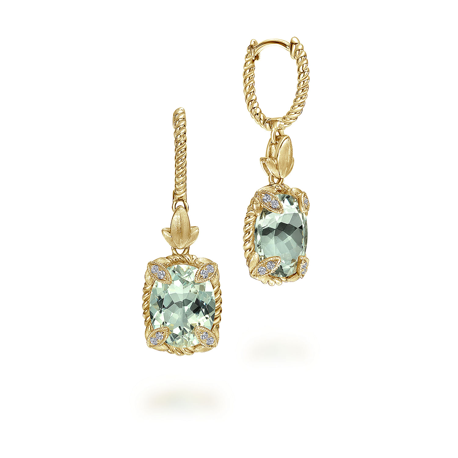 14K Yellow Gold Diamond and Oval Green Amethyst Drop Earrings with Twisted Rope Details
