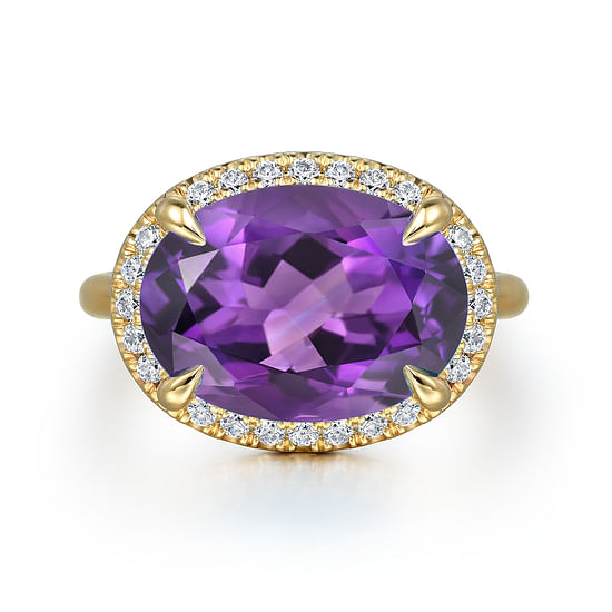 Gabriel - 14K Yellow Gold Diamond and Oval Shape Amethyst Ladies Ring With Flower Pattern Gallery