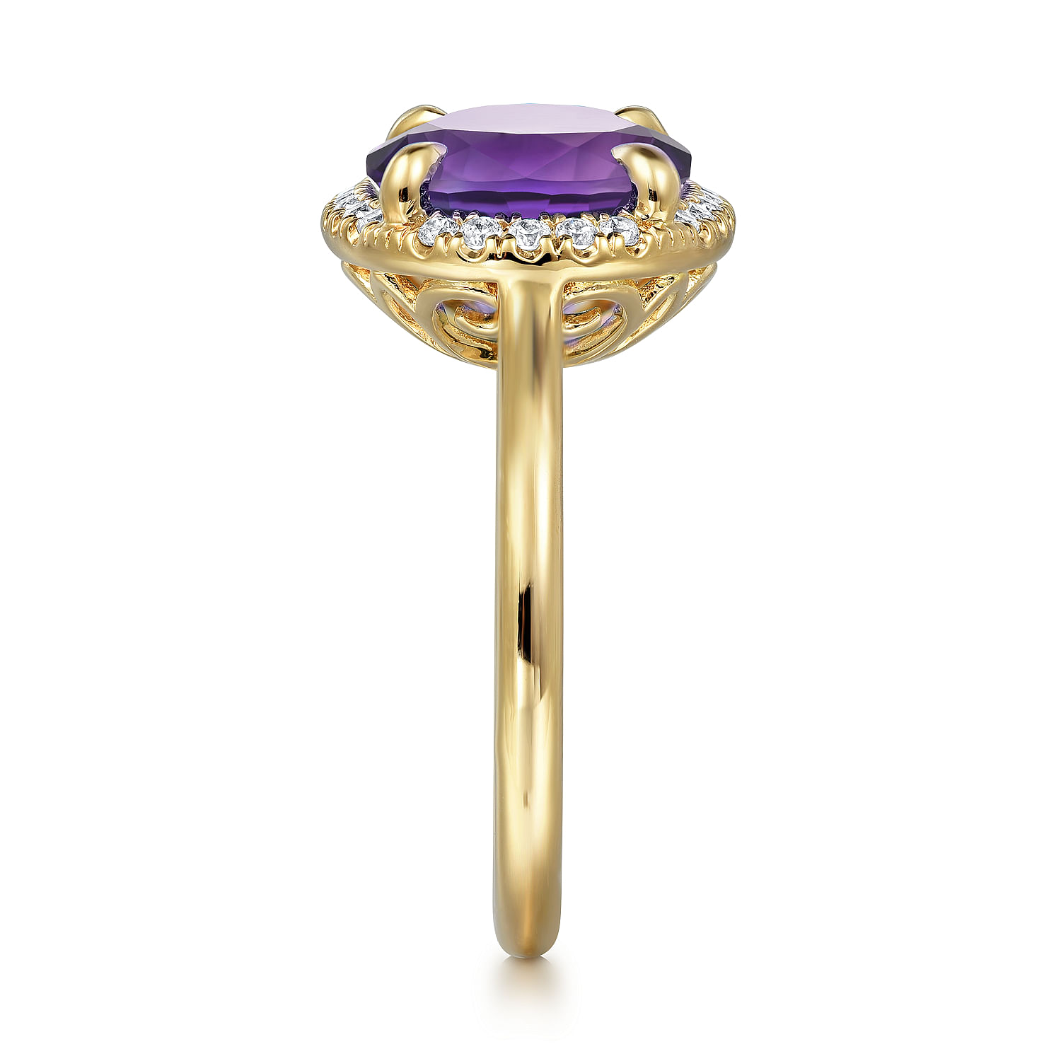 14K Yellow Gold Diamond and Oval Shape Amethyst Ladies Ring With Flower Pattern Gallery
