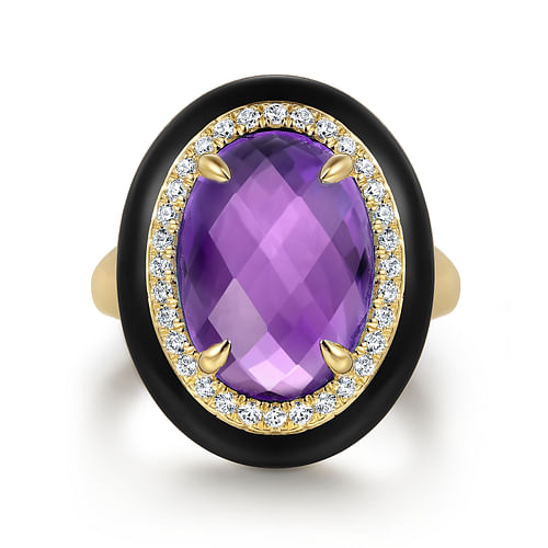 14K Yellow Gold Diamond and Oval Shape Amethyst Ladies Ring With Flower Pattern J-Back and Black Enamel