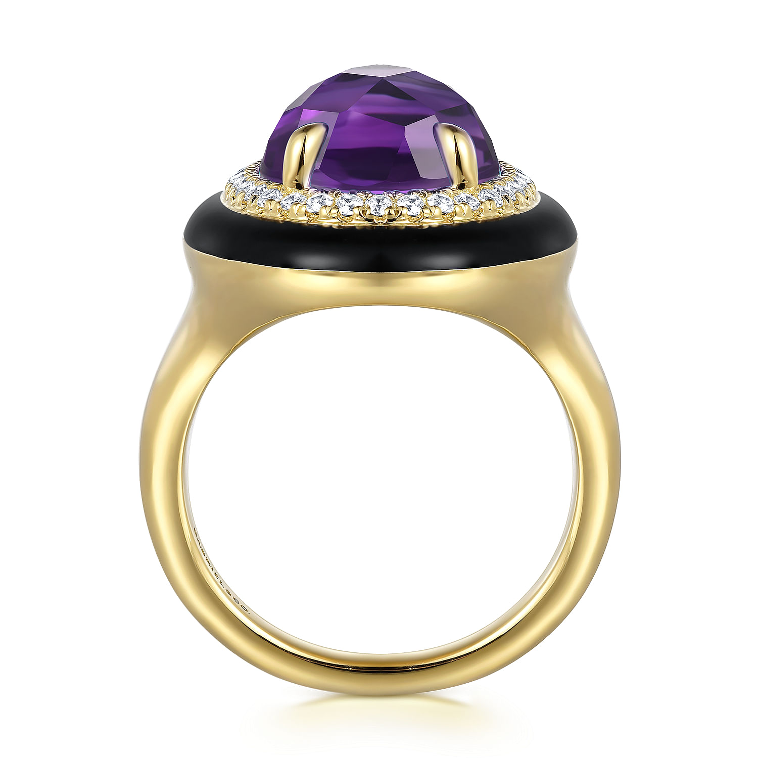 14K Yellow Gold Diamond and Oval Shape Amethyst Ladies Ring With Flower Pattern J-Back and Black Enamel