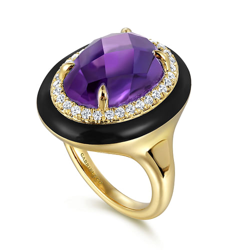 14K Yellow Gold Diamond and Oval Shape Amethyst Ladies Ring With Flower Pattern J-Back and Black Enamel