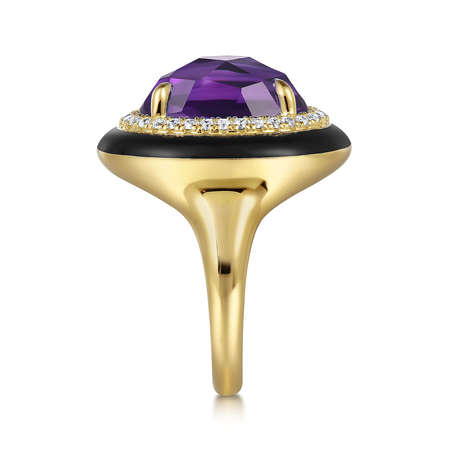 14K Yellow Gold Diamond and Oval Shape Amethyst Ladies Ring With Flower Pattern J-Back and Black Enamel