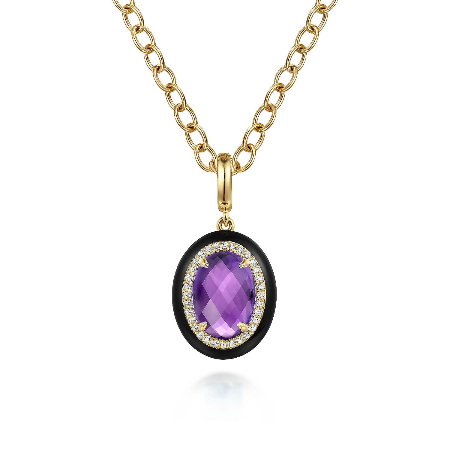 14K Yellow Gold Diamond and Oval Shape Amethyst Necklace With Flower Pattern J-Back and Black Enamel