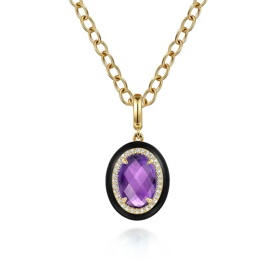 Gabriel - 14K Yellow Gold Diamond and Oval Shape Amethyst Necklace With Flower Pattern J-Back and Black Enamel