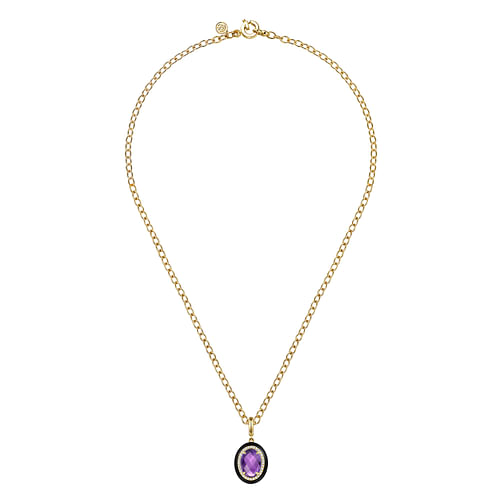 14K Yellow Gold Diamond and Oval Shape Amethyst Necklace With Flower Pattern J-Back and Black Enamel