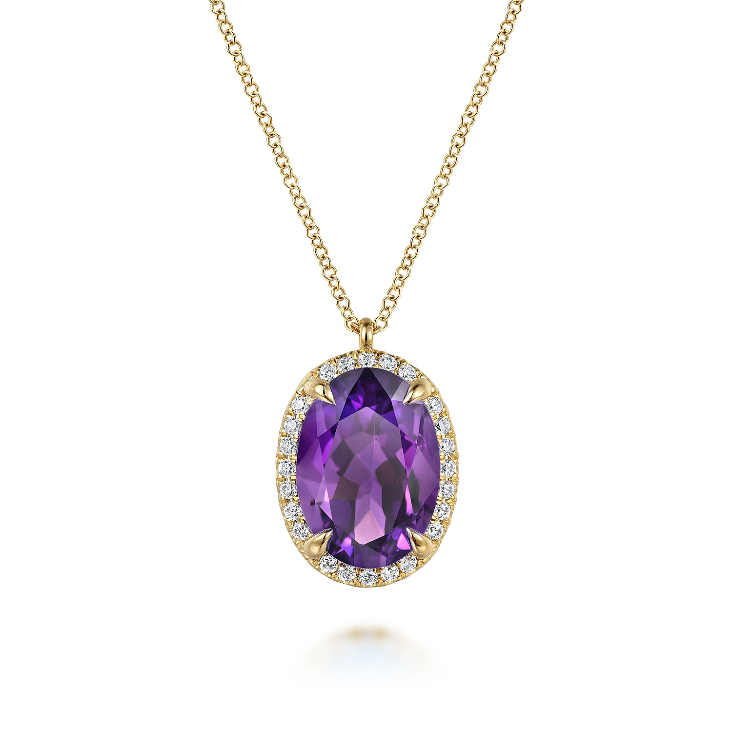 Gabriel - 14K Yellow Gold Diamond and Oval Shape Amethyst Necklace With Flower Pattern J-Back