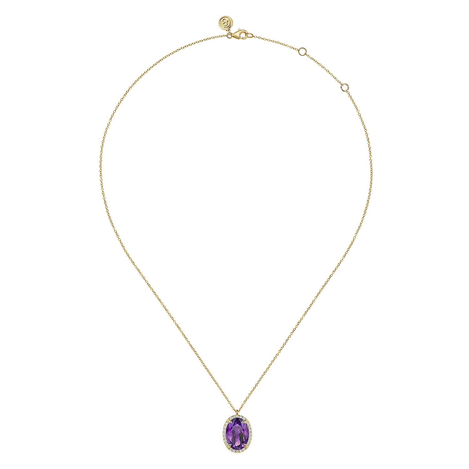 14K Yellow Gold Diamond and Oval Shape Amethyst Necklace With Flower Pattern J-Back