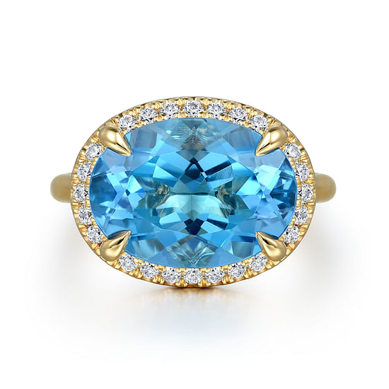 Gabriel - 14K Yellow Gold Diamond and Oval Shape Blue Topaz Ladies Ring With Flower Pattern Gallery