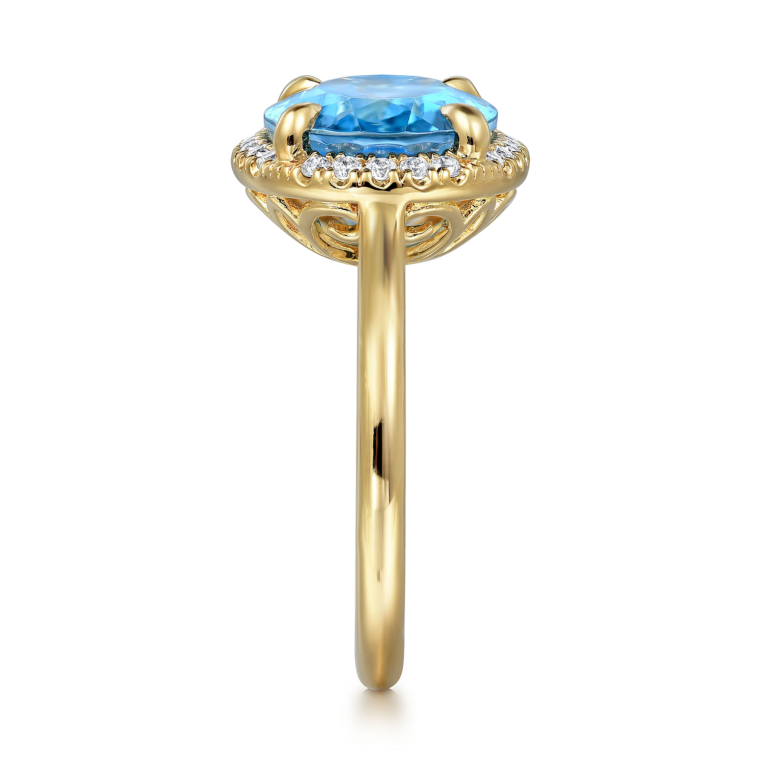 14K Yellow Gold Diamond and Oval Shape Blue Topaz Ladies Ring With Flower Pattern Gallery