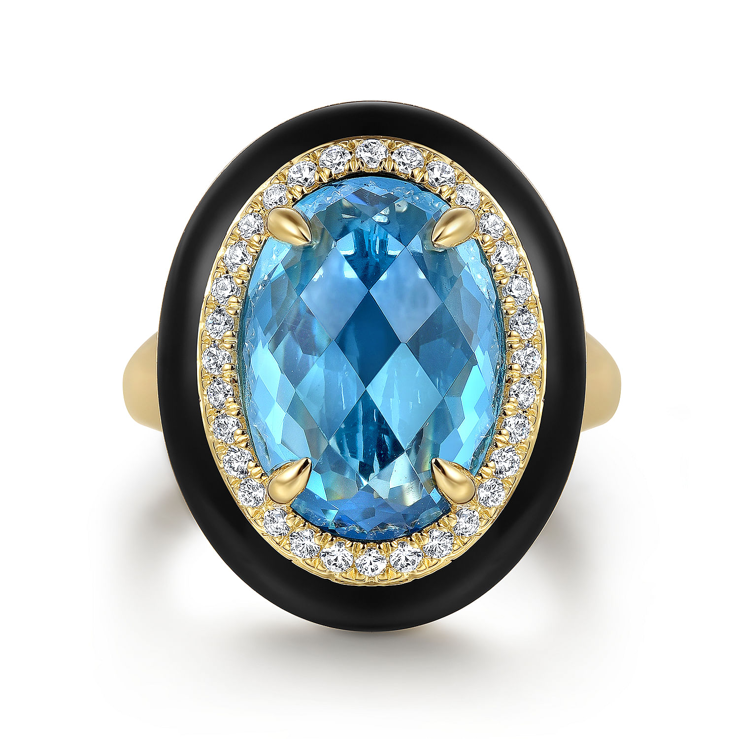 Gabriel - 14K Yellow Gold Diamond and Oval Shape Blue Topaz Ladies Ring With Flower Pattern J-Back and Black Enamel