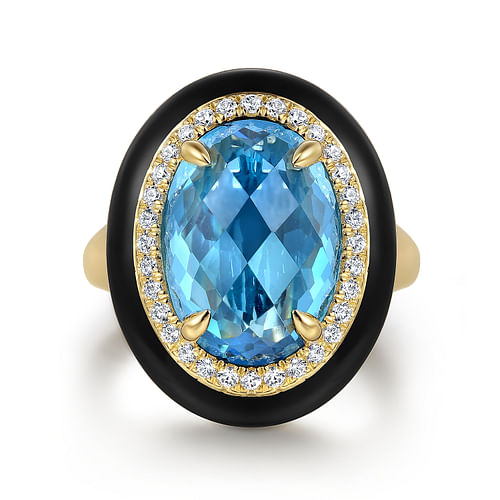 14K Yellow Gold Diamond and Oval Shape Blue Topaz Ladies Ring With Flower Pattern J-Back and Black Enamel