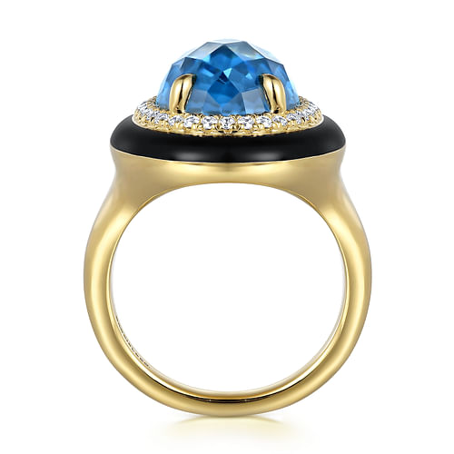 14K Yellow Gold Diamond and Oval Shape Blue Topaz Ladies Ring With Flower Pattern J-Back and Black Enamel