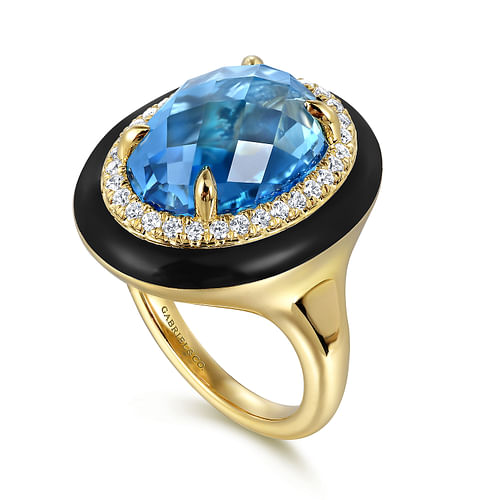 14K Yellow Gold Diamond and Oval Shape Blue Topaz Ladies Ring With Flower Pattern J-Back and Black Enamel