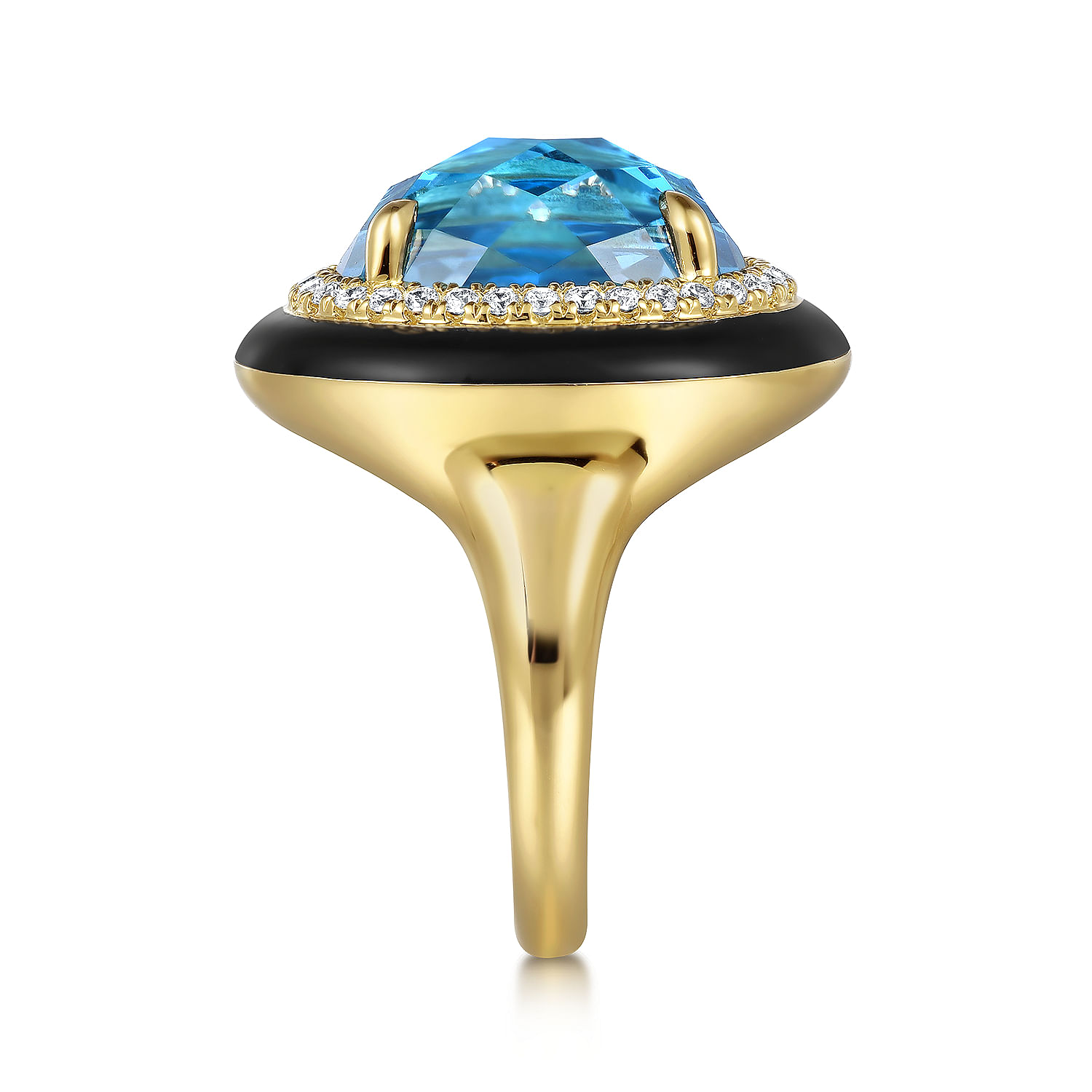 14K Yellow Gold Diamond and Oval Shape Blue Topaz Ladies Ring With Flower Pattern J-Back and Black Enamel