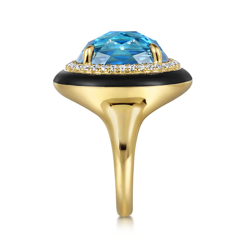 14K Yellow Gold Diamond and Oval Shape Blue Topaz Ladies Ring With Flower Pattern J-Back and Black Enamel