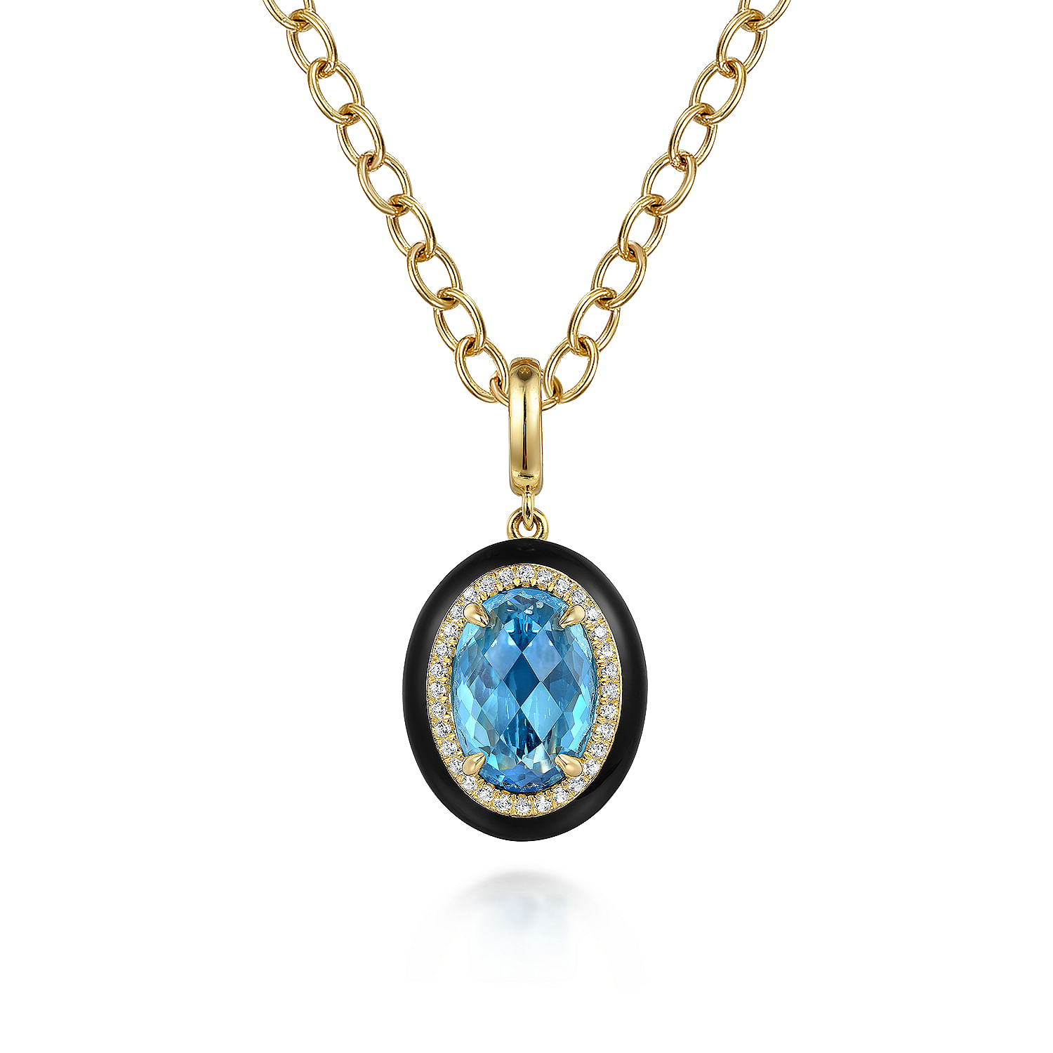 14K Yellow Gold Diamond and Oval Shape Blue Topaz Necklace With Flower Pattern J-Back and Black Enamel