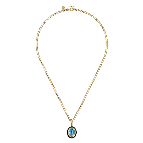 14K Yellow Gold Diamond and Oval Shape Blue Topaz Necklace With Flower Pattern J-Back and Black Enamel