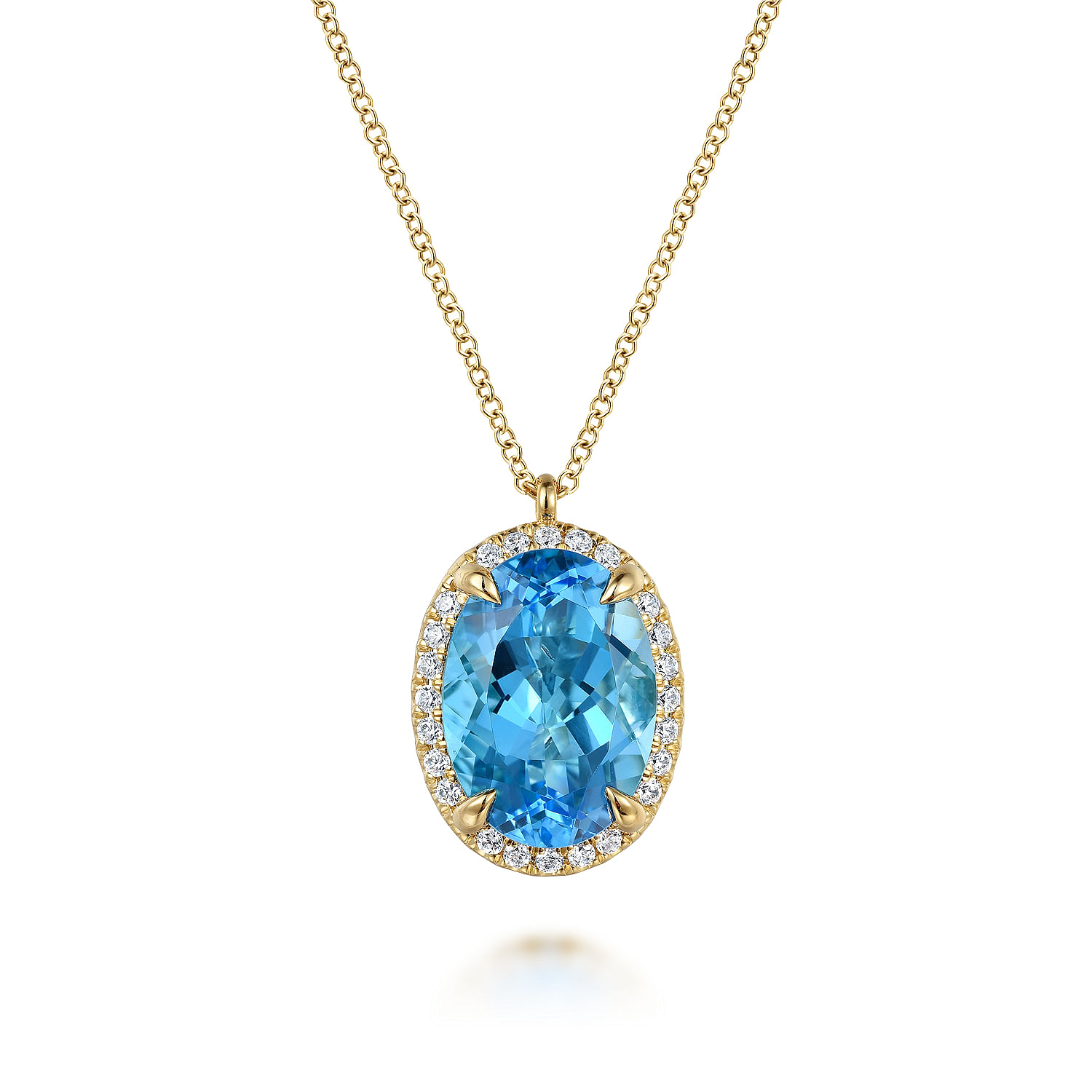 Gabriel - 14K Yellow Gold Diamond and Oval Shape Blue Topaz Necklace With Flower Pattern J-Back