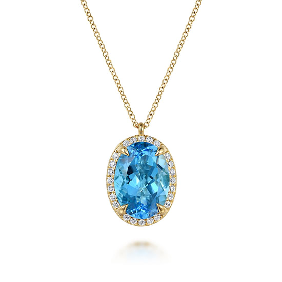 Gabriel - 14K Yellow Gold Diamond and Oval Shape Blue Topaz Necklace With Flower Pattern J-Back