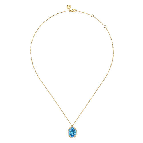 14K Yellow Gold Diamond and Oval Shape Blue Topaz Necklace With Flower Pattern J-Back