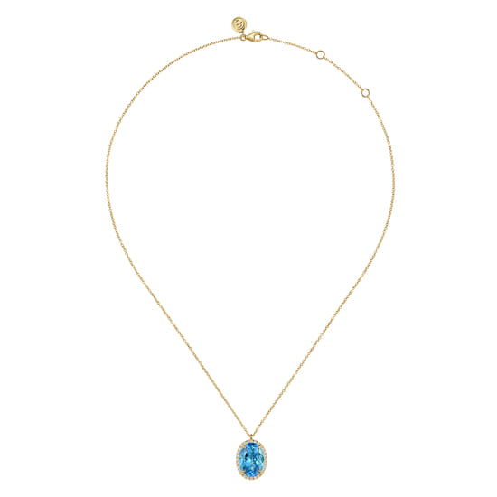 14K Yellow Gold Diamond and Oval Shape Blue Topaz Necklace With Flower Pattern J-Back angle 2