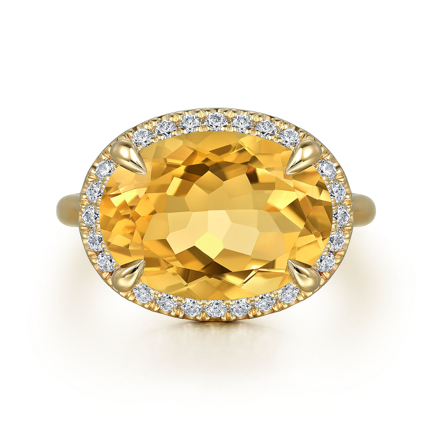14K Yellow Gold Diamond and Oval Shape Citrine Ladies Ring With Flower Pattern Gallery