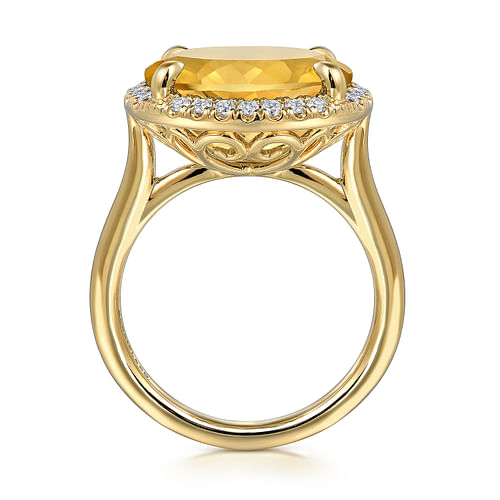 14K Yellow Gold Diamond and Oval Shape Citrine Ladies Ring With Flower Pattern Gallery