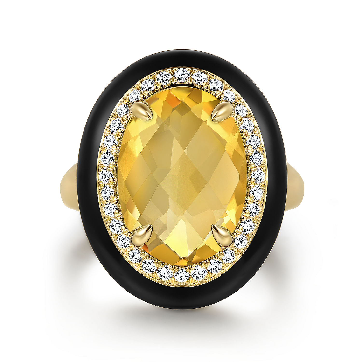 Gabriel - 14K Yellow Gold Diamond and Oval Shape Citrine Ladies Ring With Flower Pattern J-Back and Black Enamel