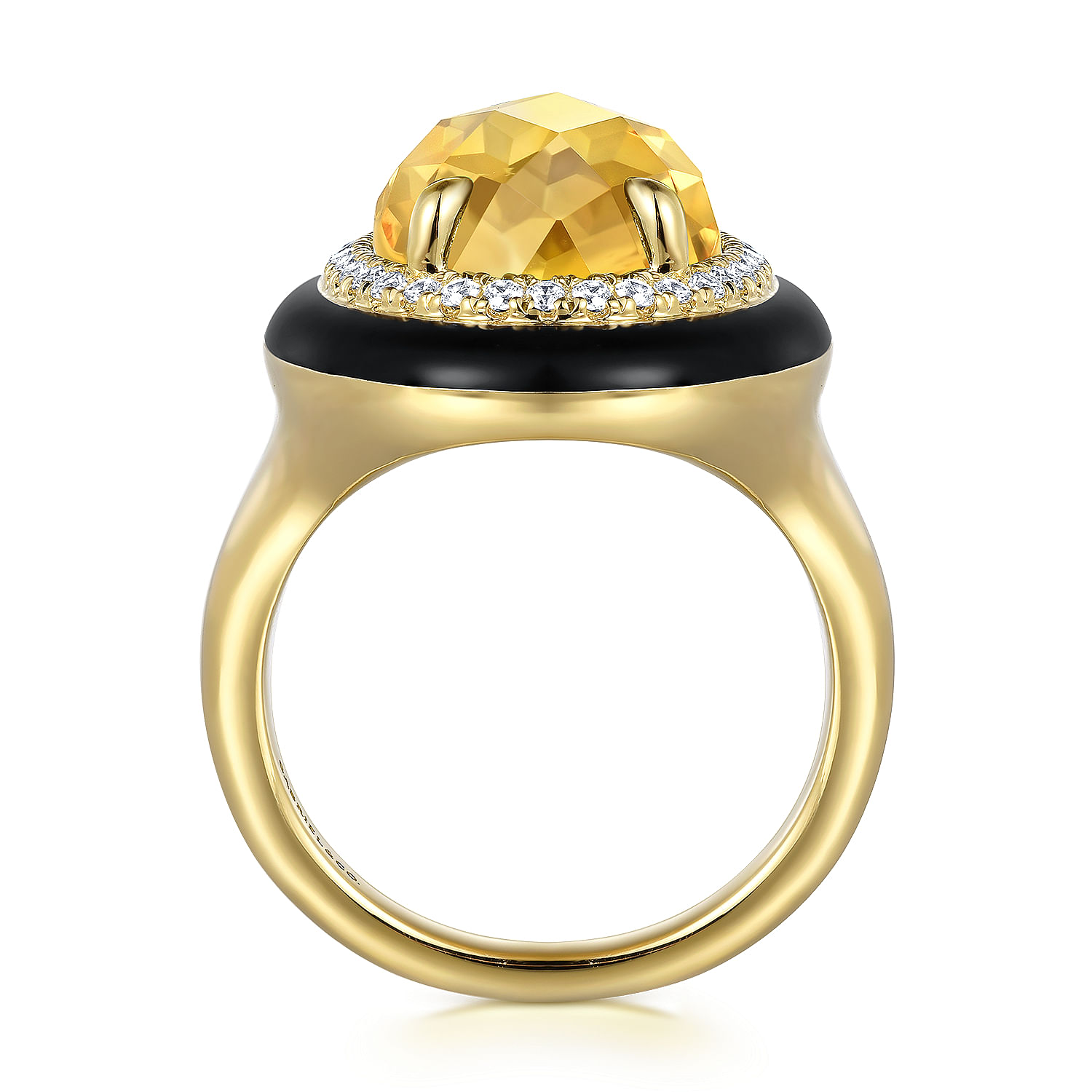 14K Yellow Gold Diamond and Oval Shape Citrine Ladies Ring With Flower Pattern J-Back and Black Enamel