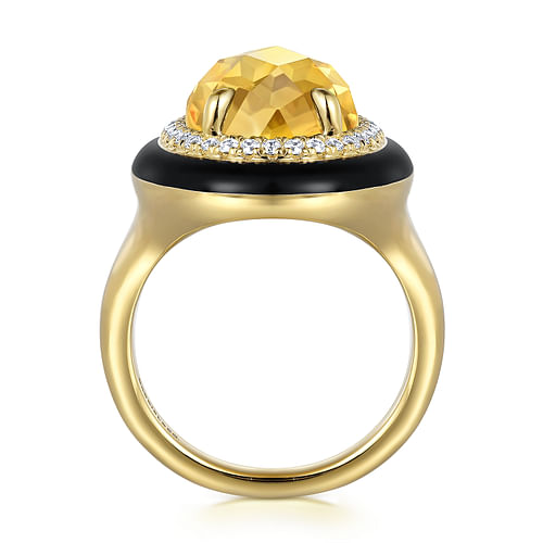 14K Yellow Gold Diamond and Oval Shape Citrine Ladies Ring With Flower Pattern J-Back and Black Enamel