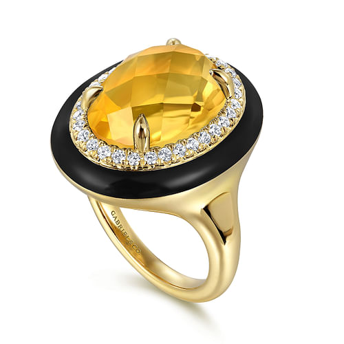 14K Yellow Gold Diamond and Oval Shape Citrine Ladies Ring With Flower Pattern J-Back and Black Enamel