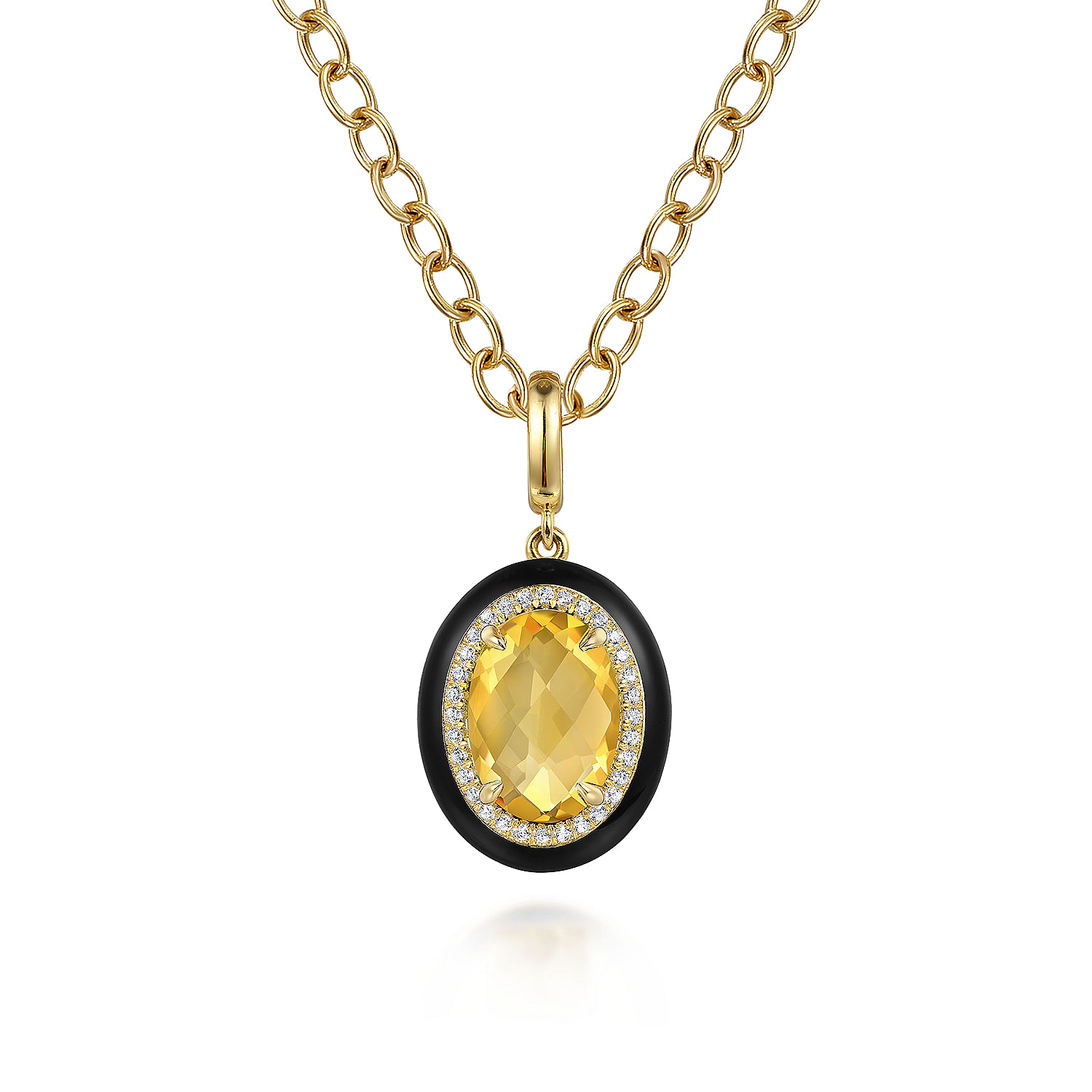 14K Yellow Gold Diamond and Oval Shape Citrine Necklace With Flower Pattern J-Back and Black Enamel