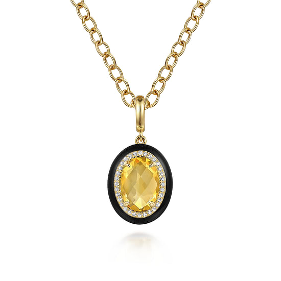 Gabriel - 14K Yellow Gold Diamond and Oval Shape Citrine Necklace With Flower Pattern J-Back and Black Enamel